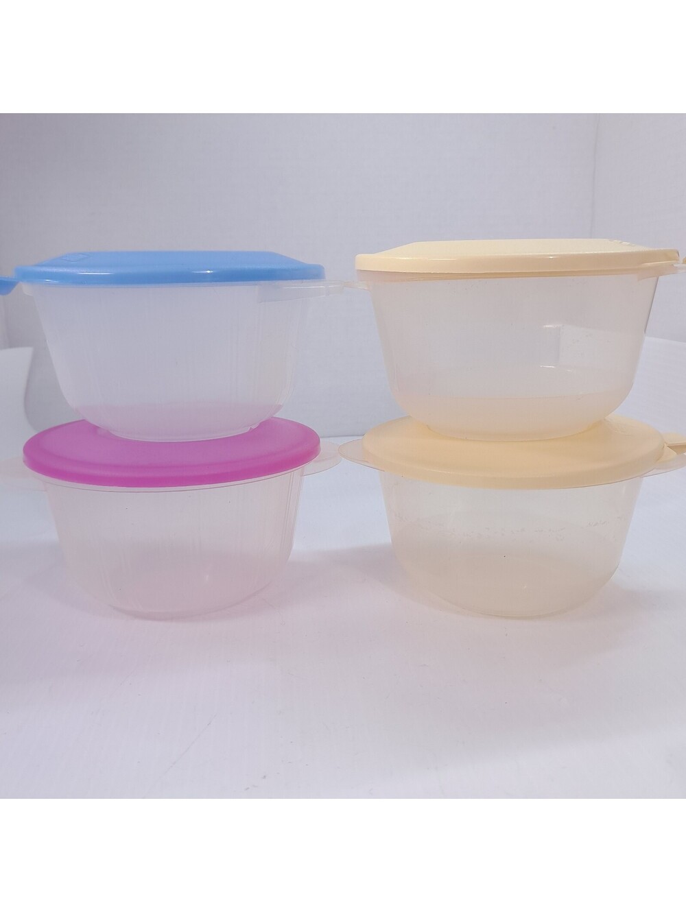 Vintage Anchor Hocking SET 4 Plastic Food Craft Storage round circle pink blue